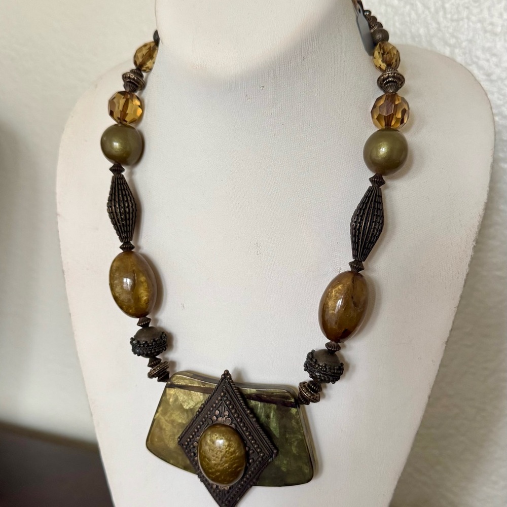 Statement Beaded Necklace with Amber & Olive Accents